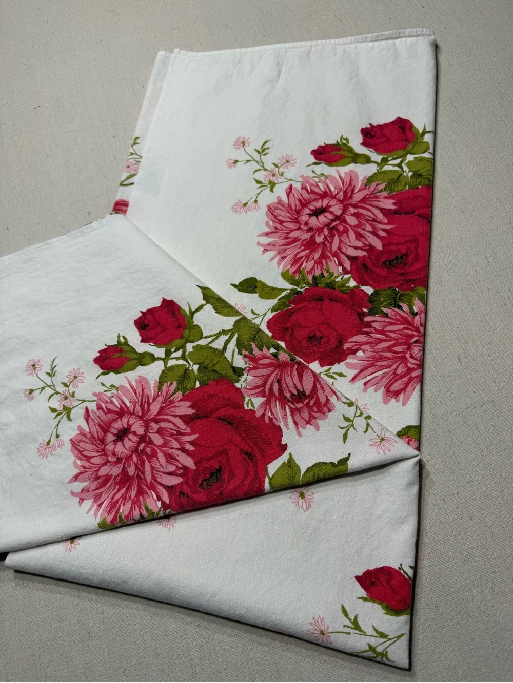 Vintage Floral Tablecloth Pink Roses Chrysanthemums
